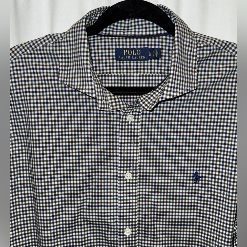 Polo Ralph Lauren Shirt Check Plaid Navy Green white Long Sleeve Pony Mens L - Picture 5 of 11